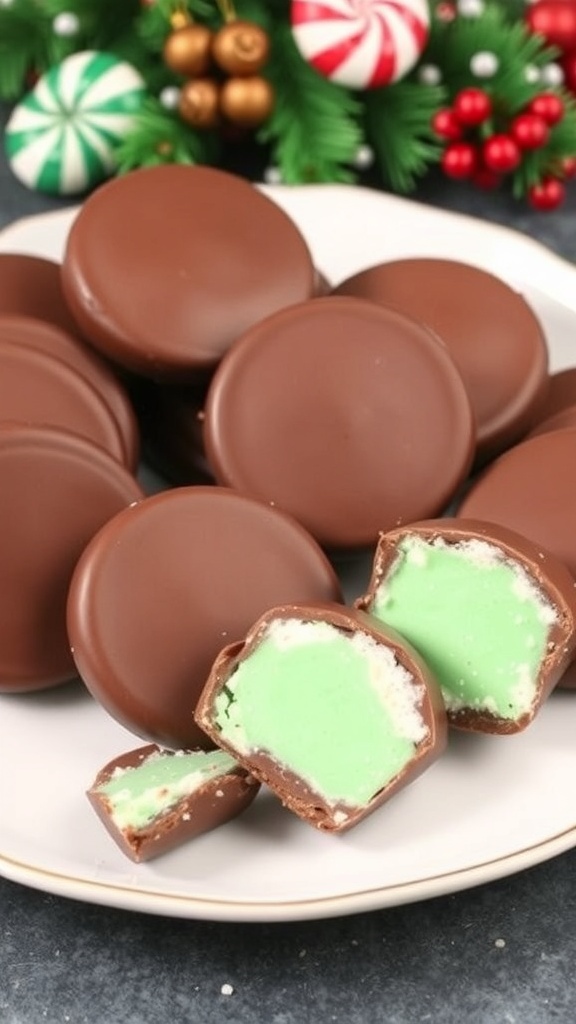A plate of chocolate-coated peppermint patties with a mint filling, some cut in half, on a festive table.